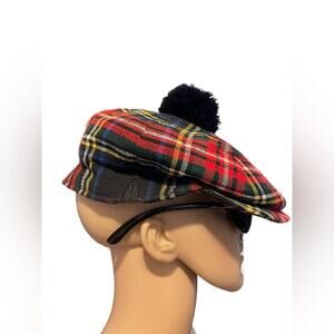 Vintage Foxhunter Newsboy Cap Hat Pure Wool Plaid Pom Pom  7 1/8 Made In Ireland